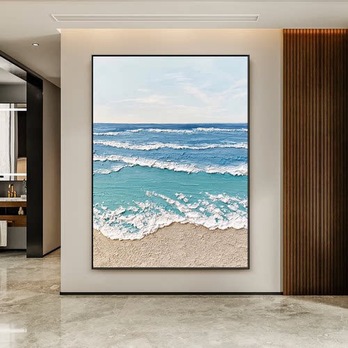 纯手绘厚肌理海浪沙滩壁画竖版