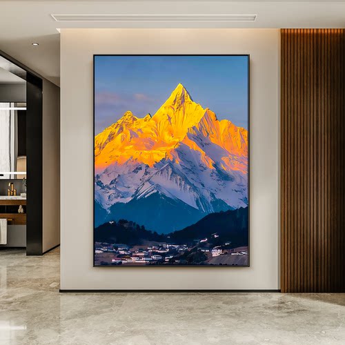 手绘日照金山写实沙发背景墙挂画