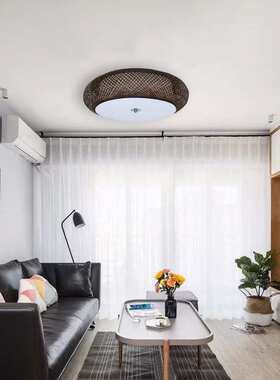 无极调光吸顶灯 中式客厅卧室过道塌塌米玄关竹编LED圆形吸顶灯