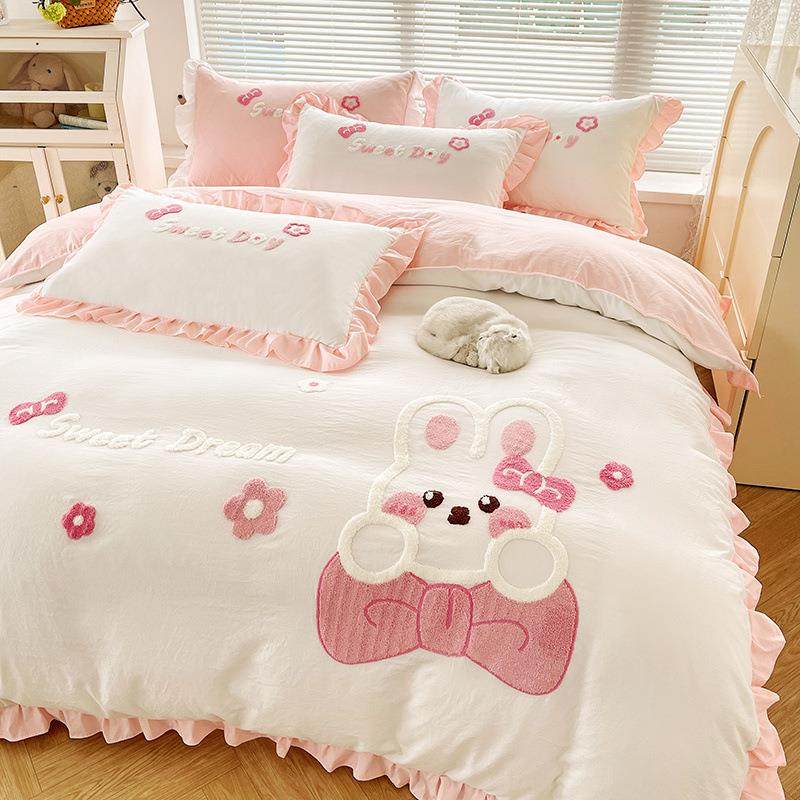 简约可爱少女四件套全纯色棉被套罩花边被罩宿舍床单三件套