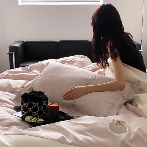 现代简约全棉100支长绒棉色织提花刺绣被单家用卧室床笠款四件套