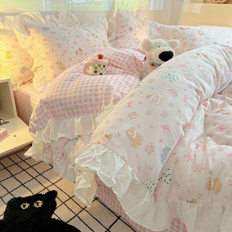 韩式少女心纯棉床上四件套公主风可爱全棉床单被套宿舍三件套女孩