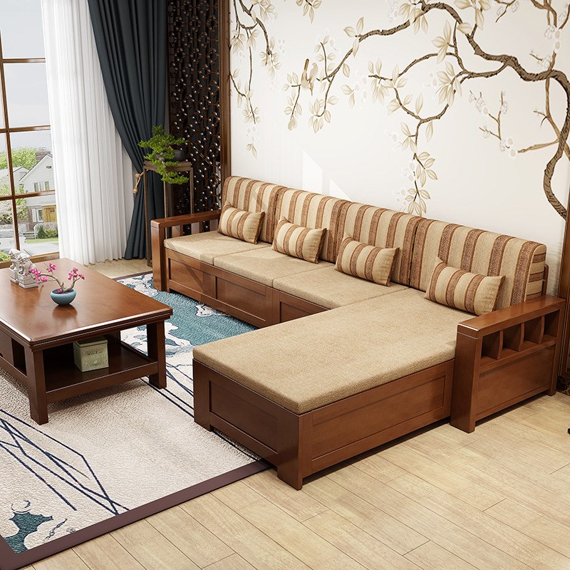 新中式组合沙发小户型家具冬夏两用客厅储物转角全实木沙发橡胶木