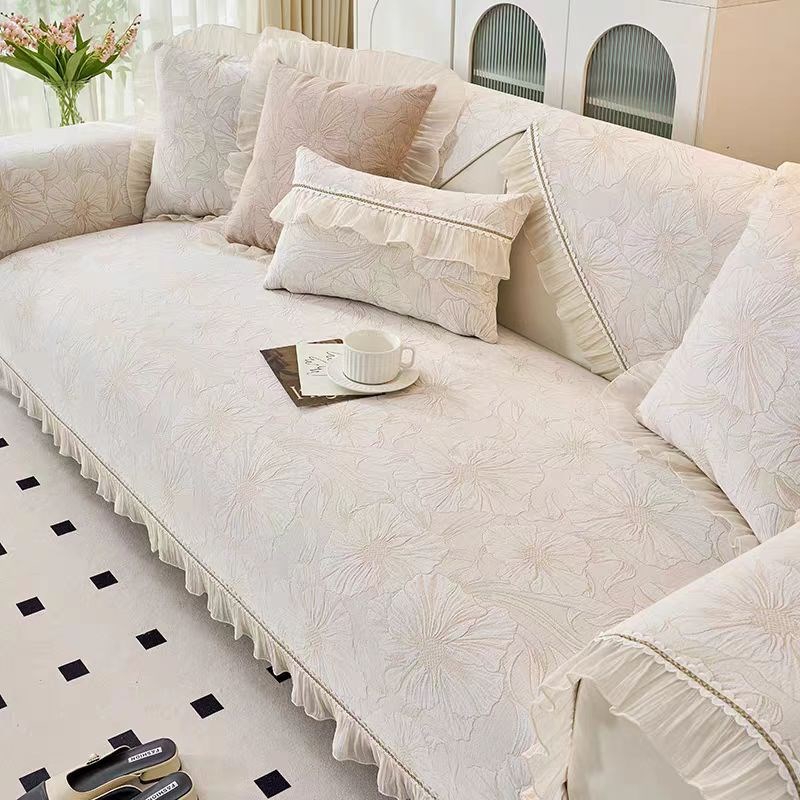 法式复古雪尼尔沙发垫子四季通用白色直排防滑三人位荷叶边罩盖布