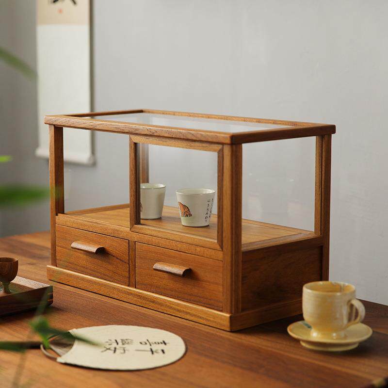 缅甸柚木复古桌面收纳展示柜黑胡桃带抽屉实木茶具器皿玻璃展示柜