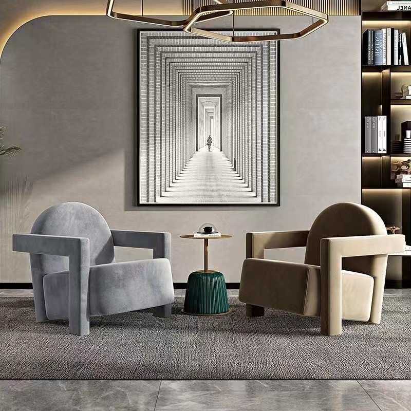 北欧单人轻奢简约沙发千鸟格设计休闲椅原木客厅卧室服装店沙发