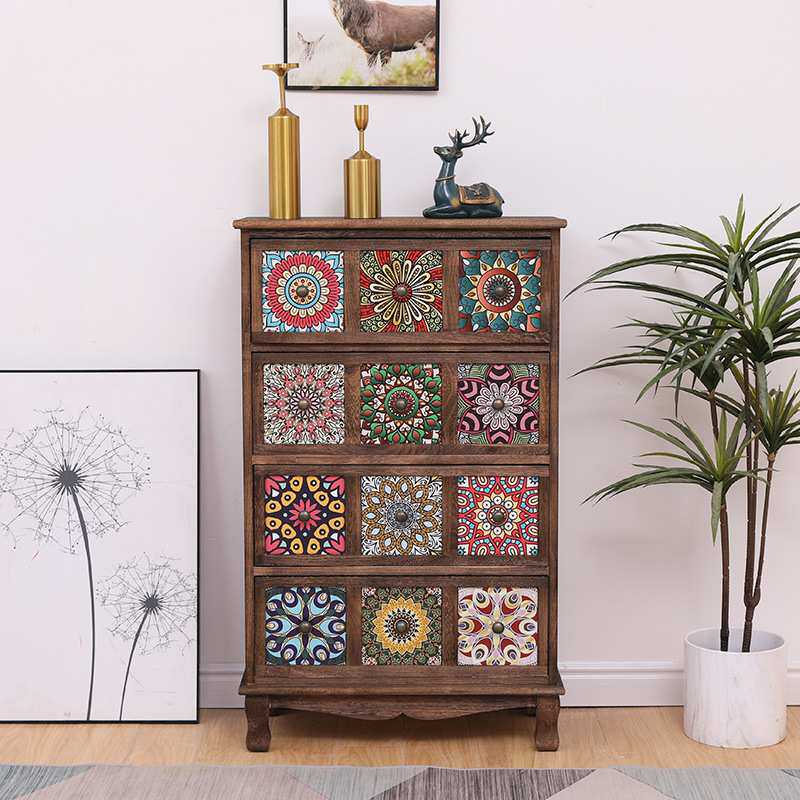 美式实木储物柜复古客厅斗柜彩绘抽屉式收纳柜阳台多层置物柜简约