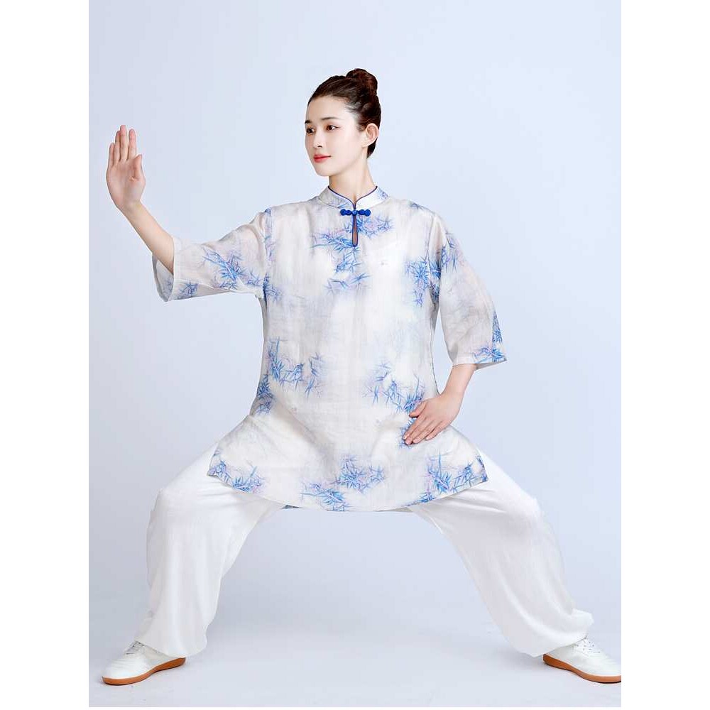 改良新款中袖太极服女夏天棉麻薄款短袖苎麻太极拳练功服国风