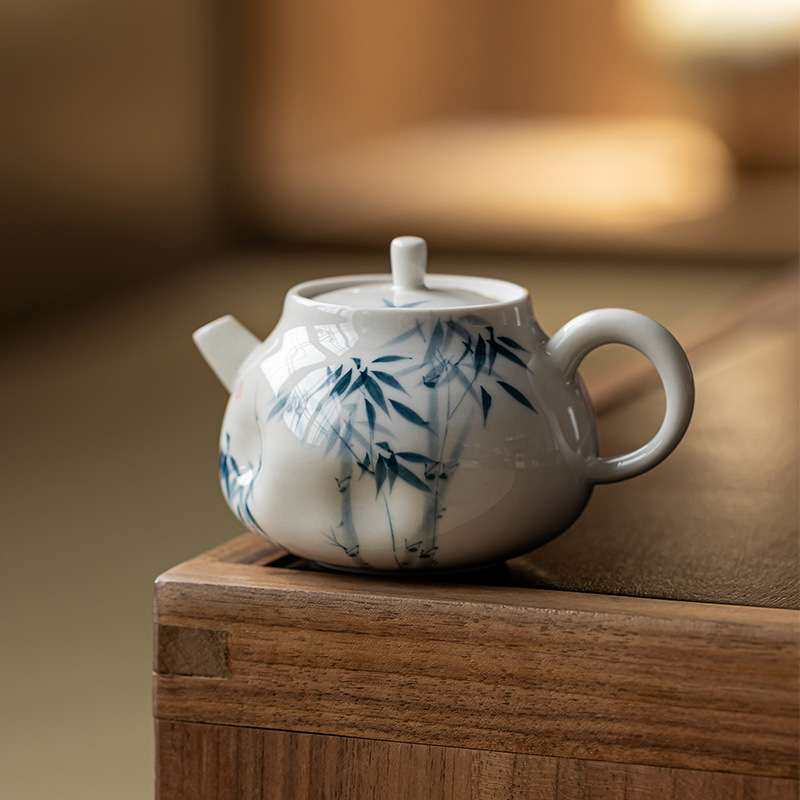 观岚釉下手绘蓝竹小茶壶陶瓷单壶带过滤草木灰家用泡茶壶逸华壶
