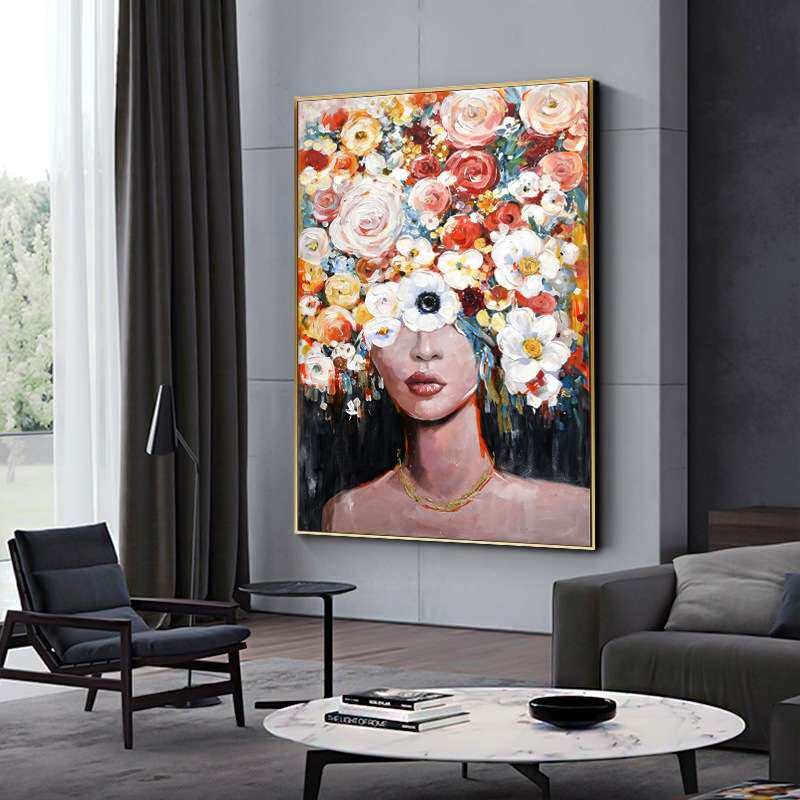 手绘油画彩色花卉人物客厅装饰画肌理感玄关挂画民宿酒店艺术画