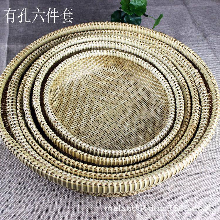 竹制精编收纳筐有孔无孔竹筛竹扁馒头筐旅游工艺品簸箕果盘