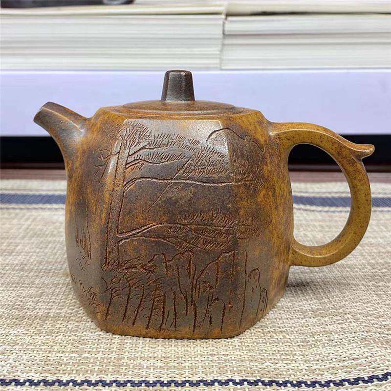 宜兴紫砂壶六方井栏高温龙骨金砂柴烧250cc紫砂泡茶壶原产地