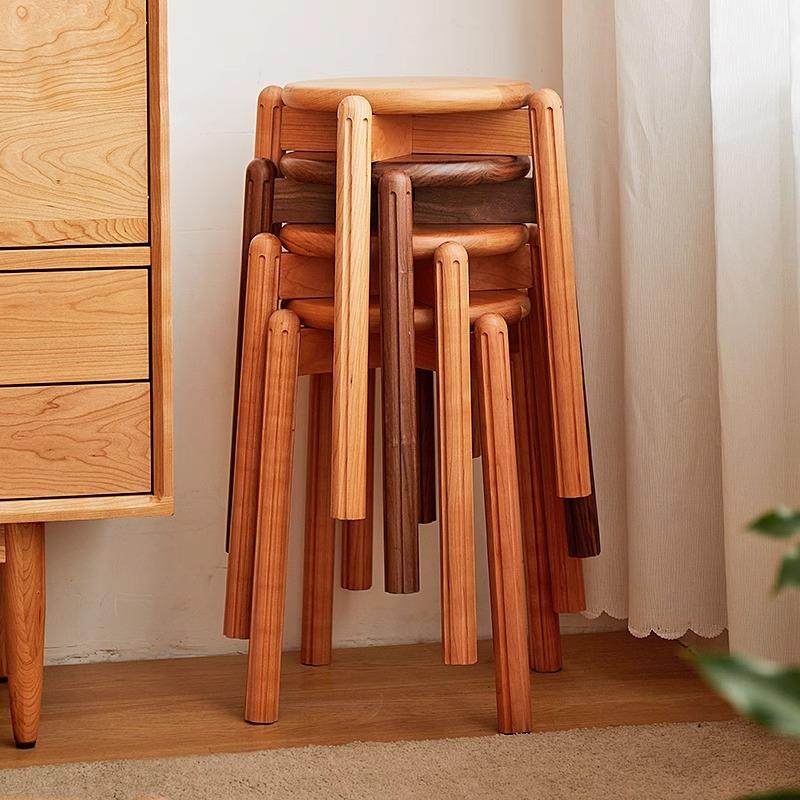 实木可叠放圆凳奶油风小户型餐厅凳子樱桃木省空间家用卧室化妆凳