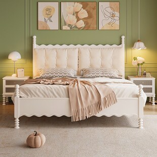 实木软靠包床1米5单人床架主卧法式奶油风一米八双人白色公主床铺