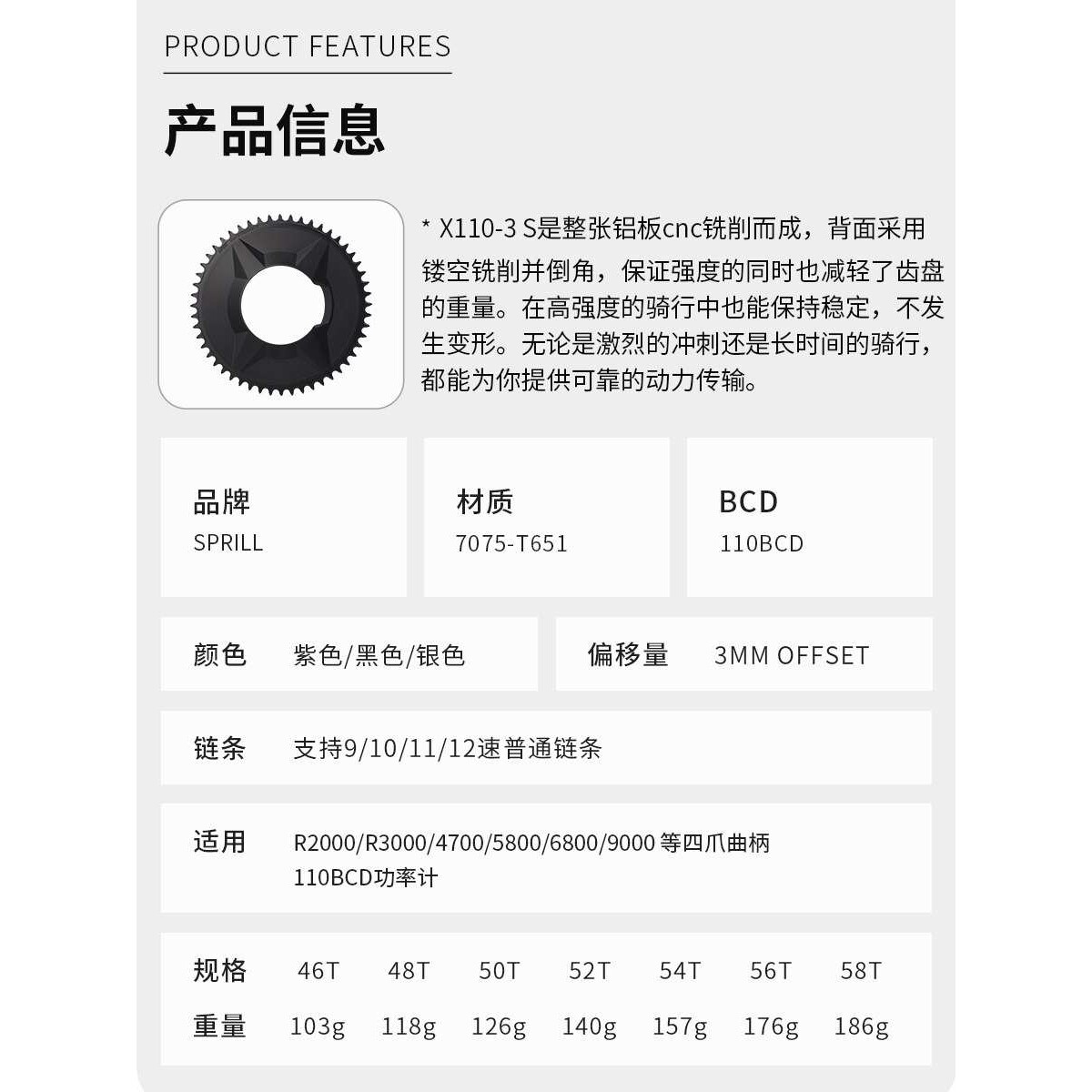 PASS QUEST X110 3-S 4爪 全封闭隐藏钉单盘 正负齿偏移量 SPRILL