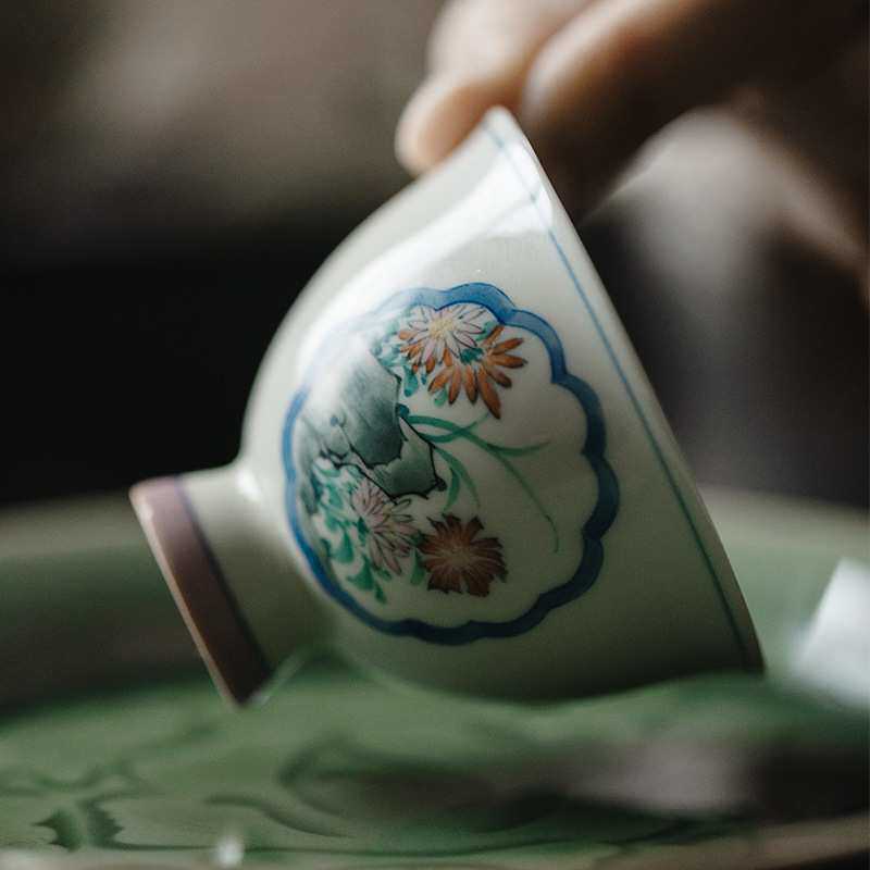 无落 拟古青瓷高足釉下粉彩手绘山间美景主人杯手绘品茗杯茶杯