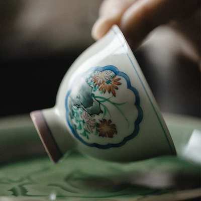 无落 拟古青瓷高足釉下粉彩手绘山间美景主人杯手绘品茗杯茶杯