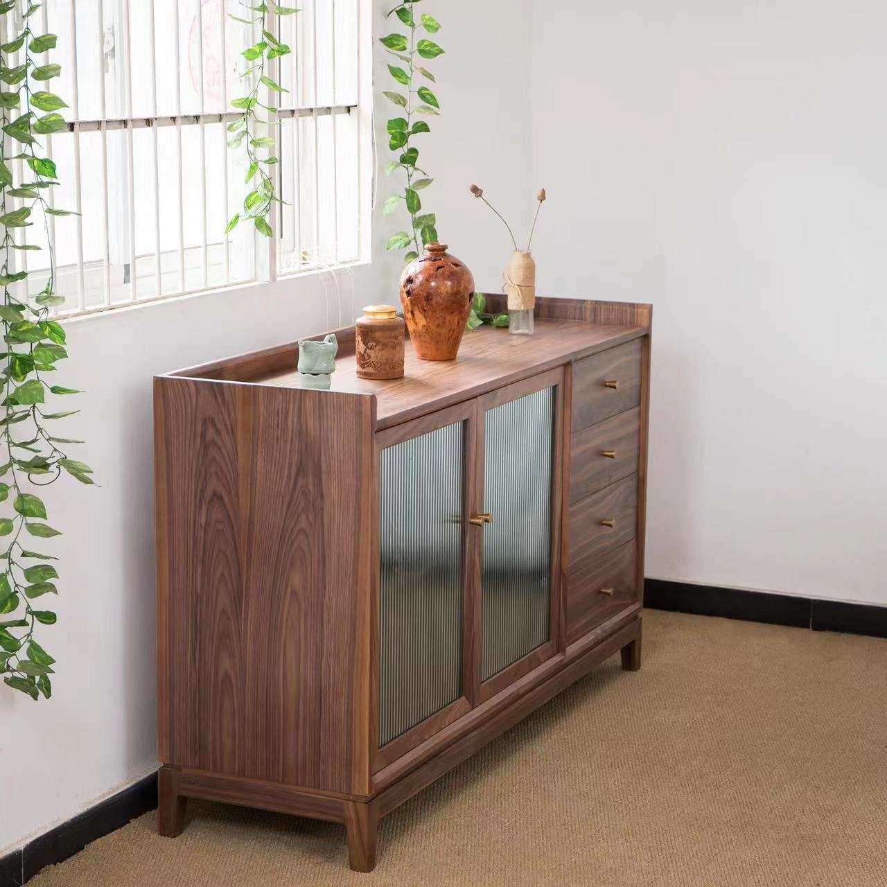 黑胡桃木餐边柜日式多功能餐厅碗柜实木茶水柜茶边柜新中式整装