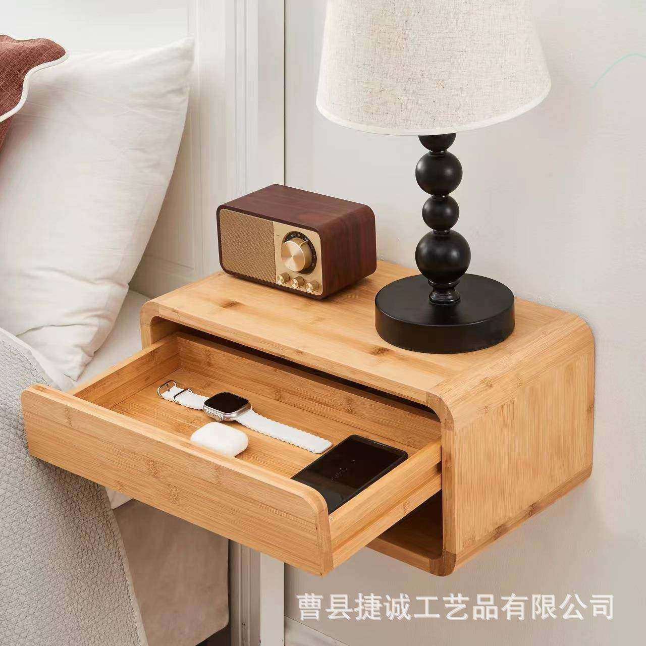 北欧木质卧室床头柜置物架悬浮式壁挂床边收纳柜小边几实木储物架