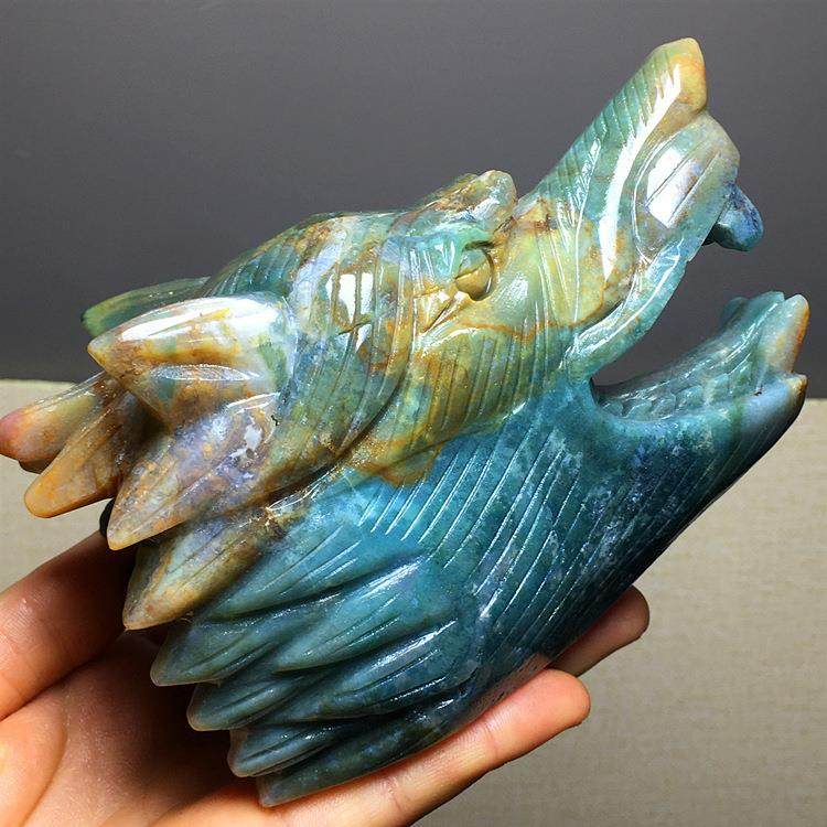 天然海洋碧玉龙血石紫云母虎眼石紫晶老鼠狼头雕刻件家居装饰摆件