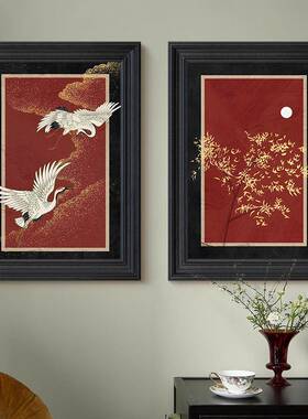 仙鹤图法式复古红色玄关装饰画客厅餐厅新中式中国风挂画美式壁画