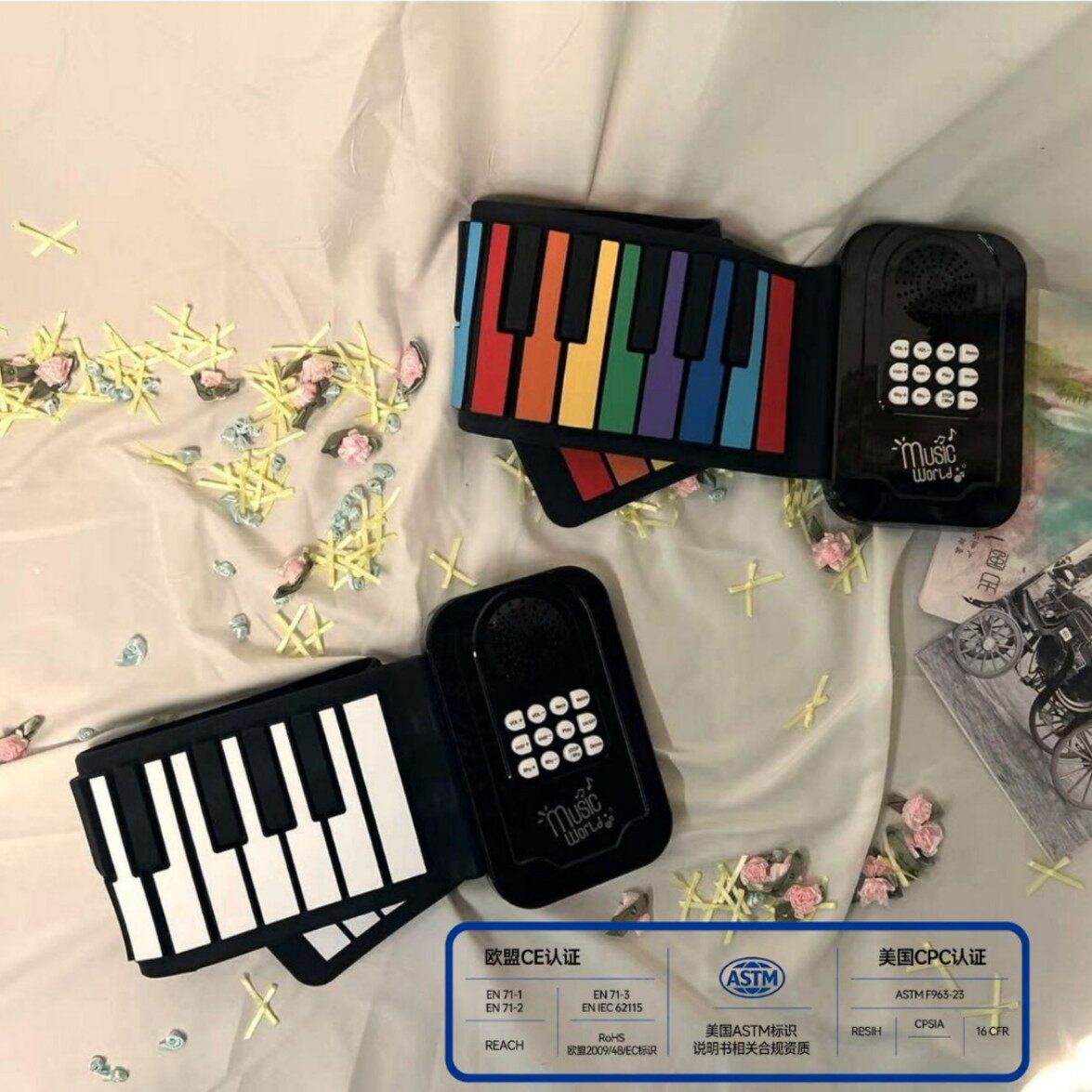 49键彩虹折叠手卷电子琴 儿童初学便携手卷钢琴幼儿园桌面早教乐