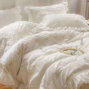 仙女白色绣花公主风四件套纯棉水洗棉全棉床单超柔软裸睡床上用品