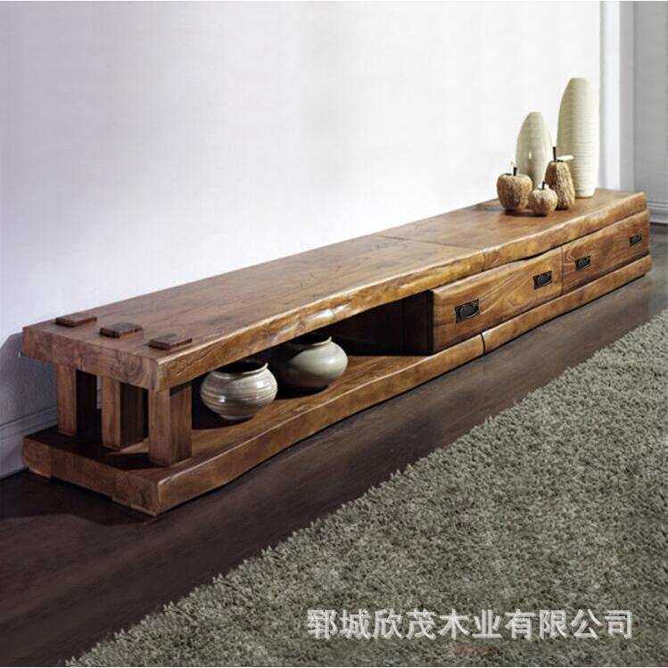 实木自然边电视柜中式做旧榆木茶几组合客厅储物地柜家居装饰柜