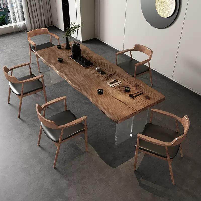 实木茶桌椅组合铁艺带柜子现代简约办公室家用原木茶台大板泡茶桌