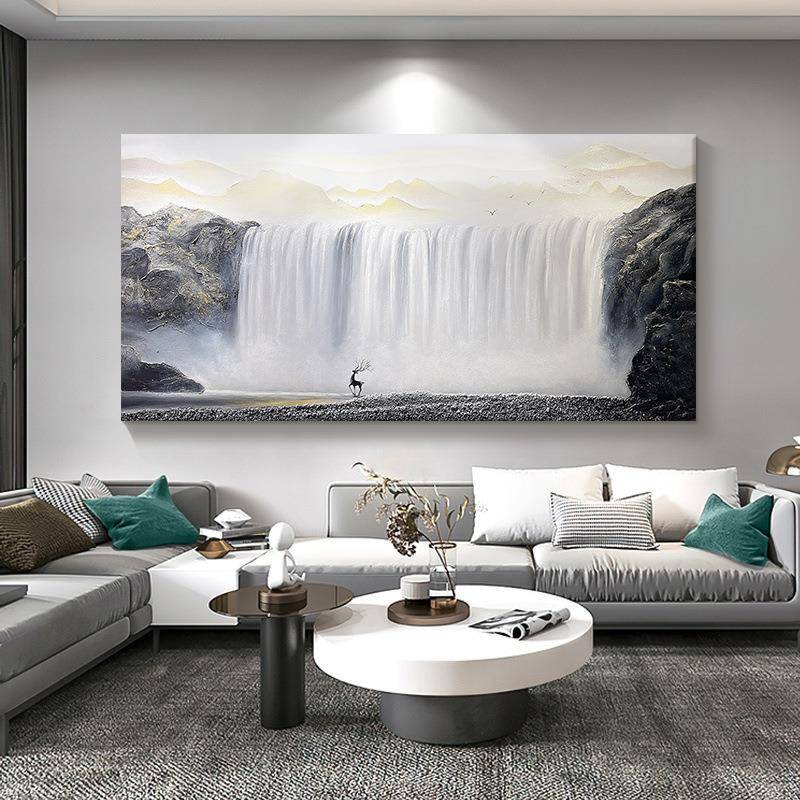 顺丰动态瀑布流水油生手绘画色客厅小鹿饮水GNN装饰壁画玄关白财