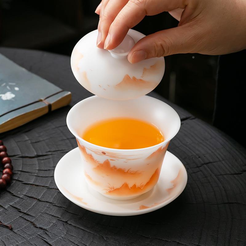 冰山种素烧手20240711高绘水盖碗档羊脂玉白瓷茶具个花草盖碗陶瓷