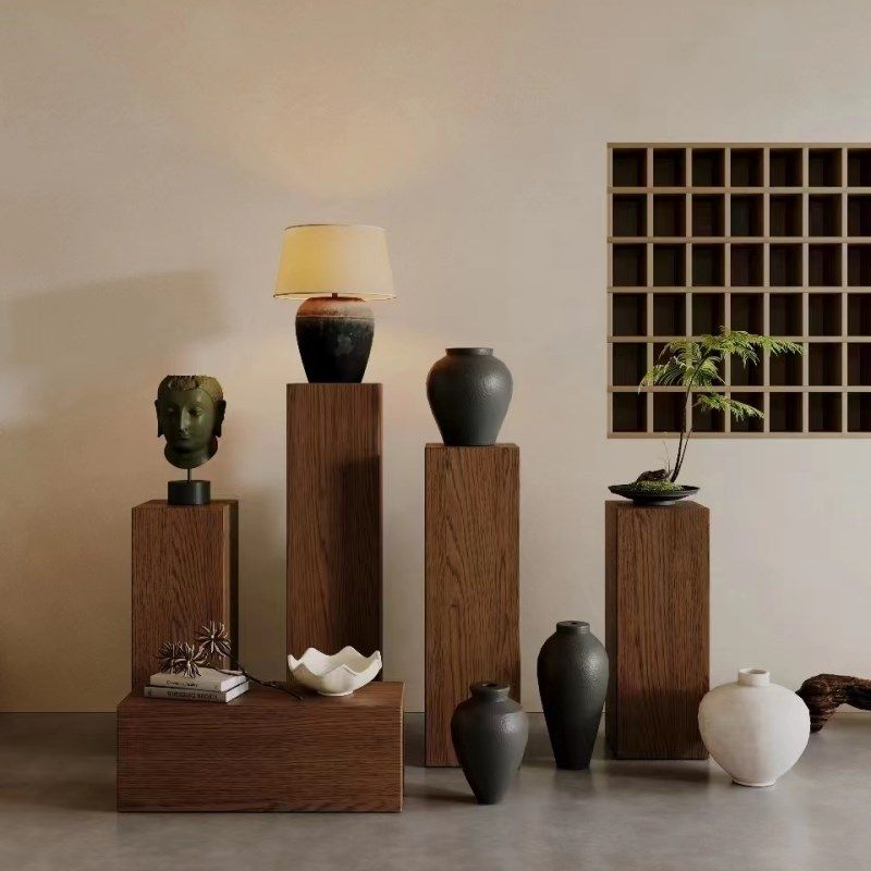 侘寂风实木墩子摆件原木墩花架民宿酒店边角几矮凳方形木桩展示台