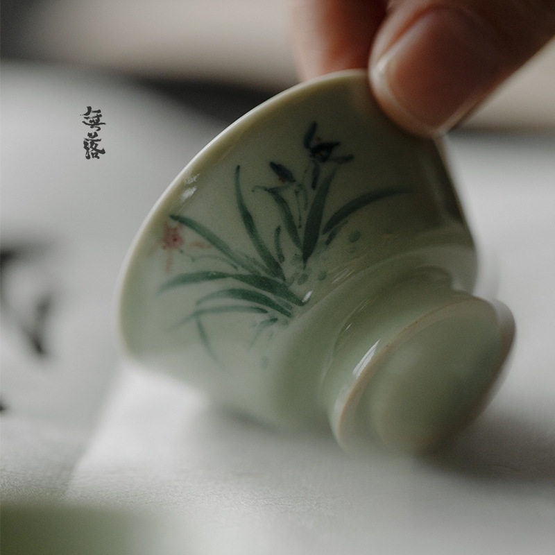 无落纯手工果青釉下粉彩手绘兰知梦小品杯茶具茶杯薄胎品茗杯