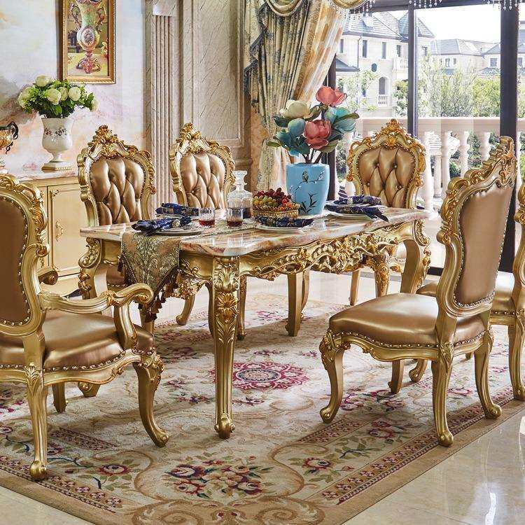 欧式大理石实木餐桌椅子组合贵族金色长方形餐台奢华雕花吃饭桌子