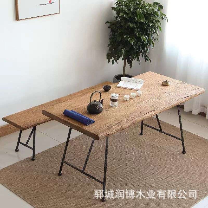 复古老榆木办公桌茶室功夫泡茶桌家用可折叠餐桌原木边桌