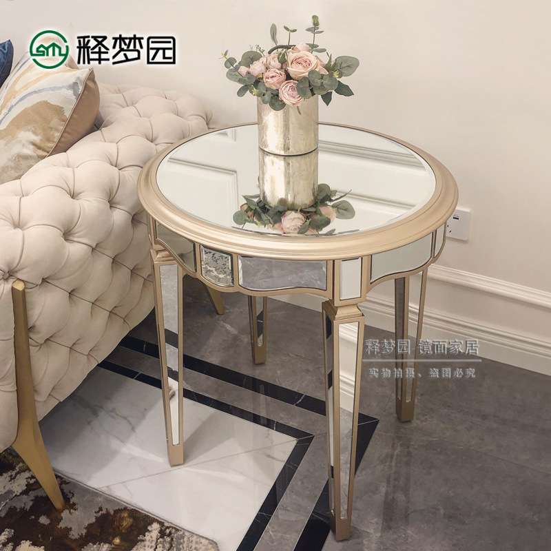 镜面小圆桌子沙发边几花架电话桌圆桌镜面家具玻璃家具 F1411