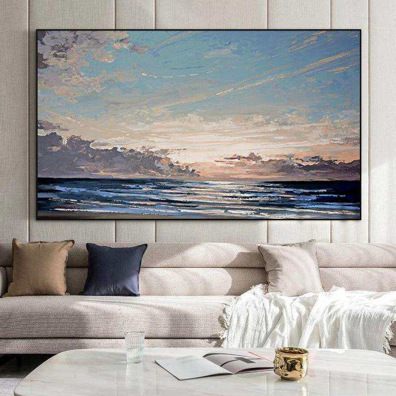 油画 手绘油画《海阔天空》客厅装饰画餐厅挂画横版纯手工抽象画
