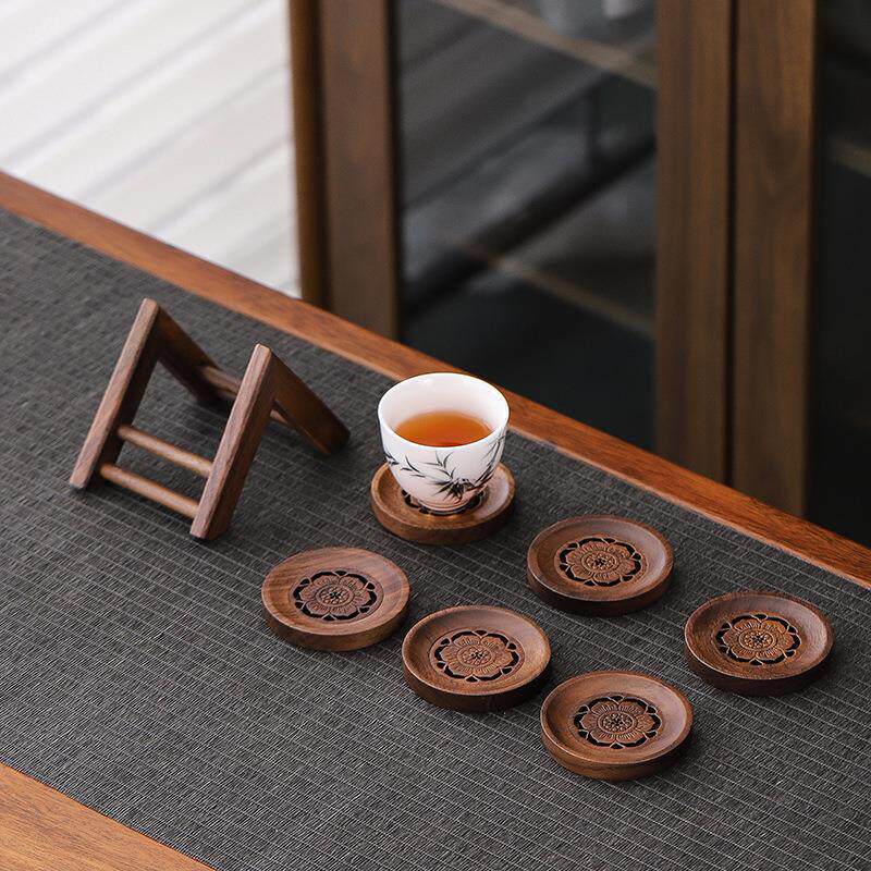 胡桃木杯垫云海莲花手工沥水蓄水茶杯垫隔热茶具杯托防烫杯垫套装
