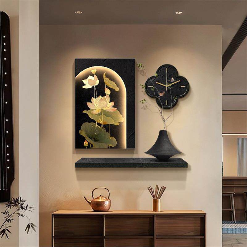 中古风荷花玄关装饰画新中式禅意餐厅挂画带钟表复古走廊尽头壁灯图片
