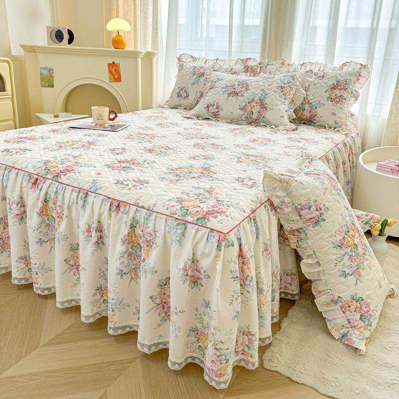 小清新碎花全棉夹棉床裙单件2025新款纯棉磨毛加厚花边床罩三件套