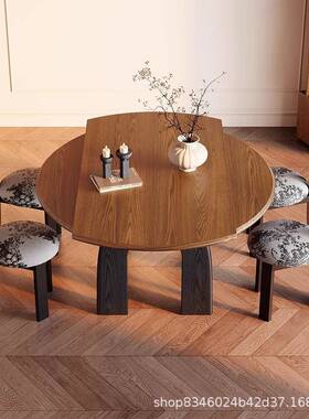 实伸缩圆中叠白蜡折可36415餐桌木纹法式饭桌桌家用小户型古风复