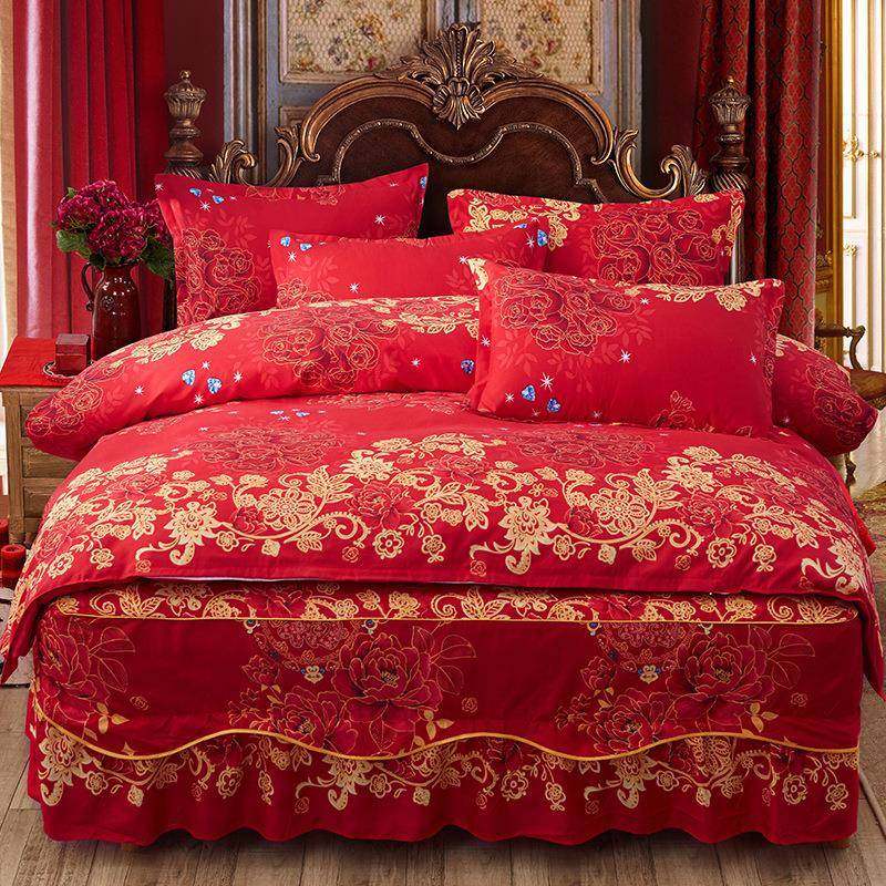 加厚全纯棉风四件套床裙韩式公主床棉罩单床被套婚庆大tb-65617红