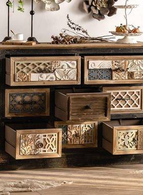 式实木复古艺术斗美柜黑色客厅入收柜纳65112抽屉式装饰边柜户门