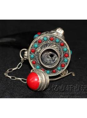 古玩杂仿古铜收藏白铜UVM珠子镶嵌牛器鼻烟项角壶