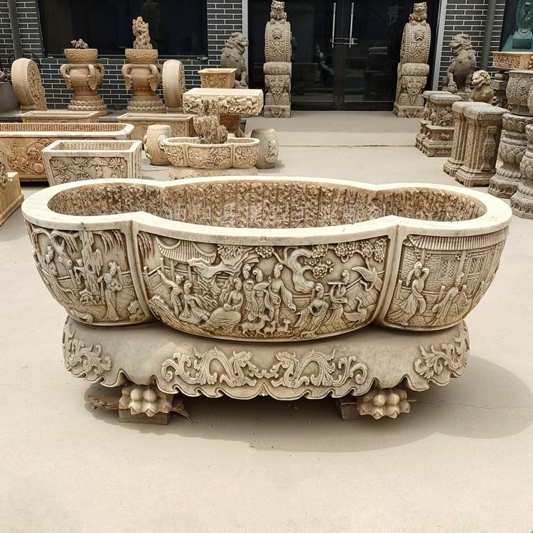 石雕鱼缸汉白玉做旧石槽古代人物浮雕仕女图案仿古雕刻工艺品厂家