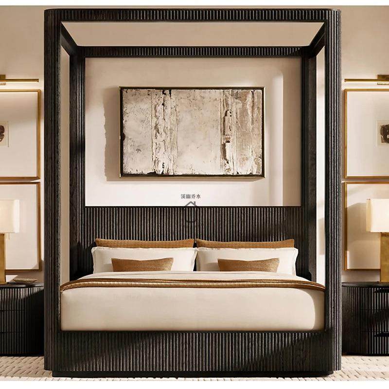 RH美式乡村实木橡木床复古做旧床法式四柱床架子床立柱蚊帐纱幔床