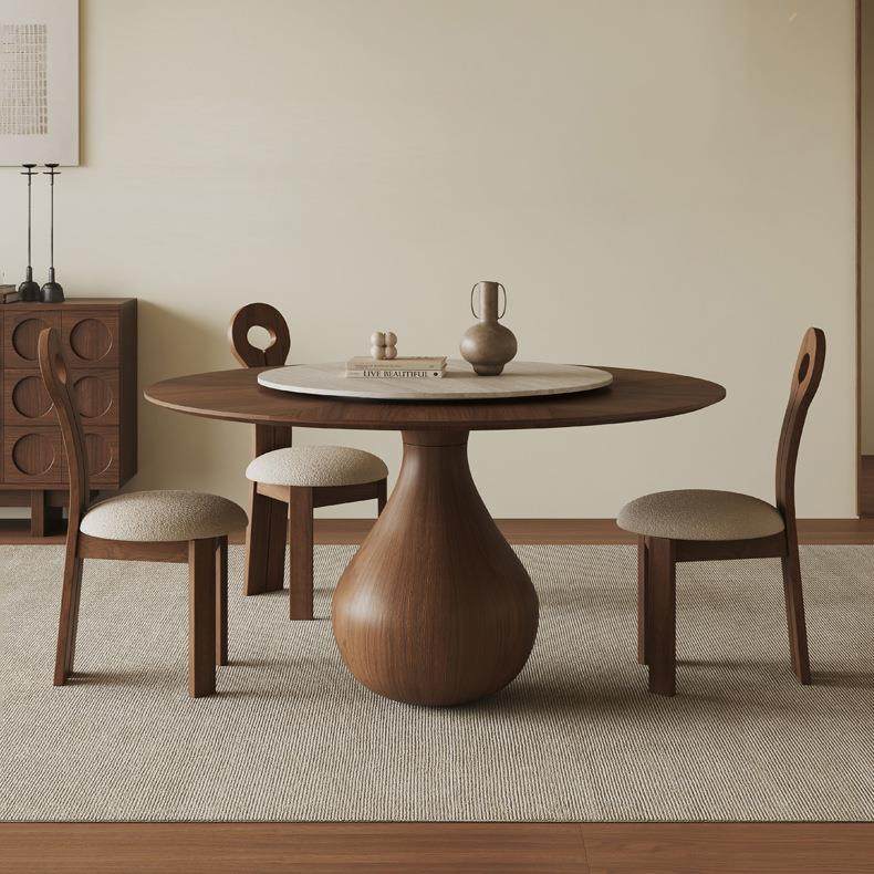 法式复古风实木圆桌家用小户型岩板圆形饭桌黑胡桃木圆餐桌椅组合