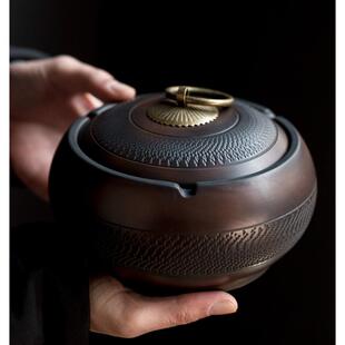 弘一建水紫陶烟灰缸家用陶瓷带盖防风客厅卧室紫砂大号烟缸防飞灰