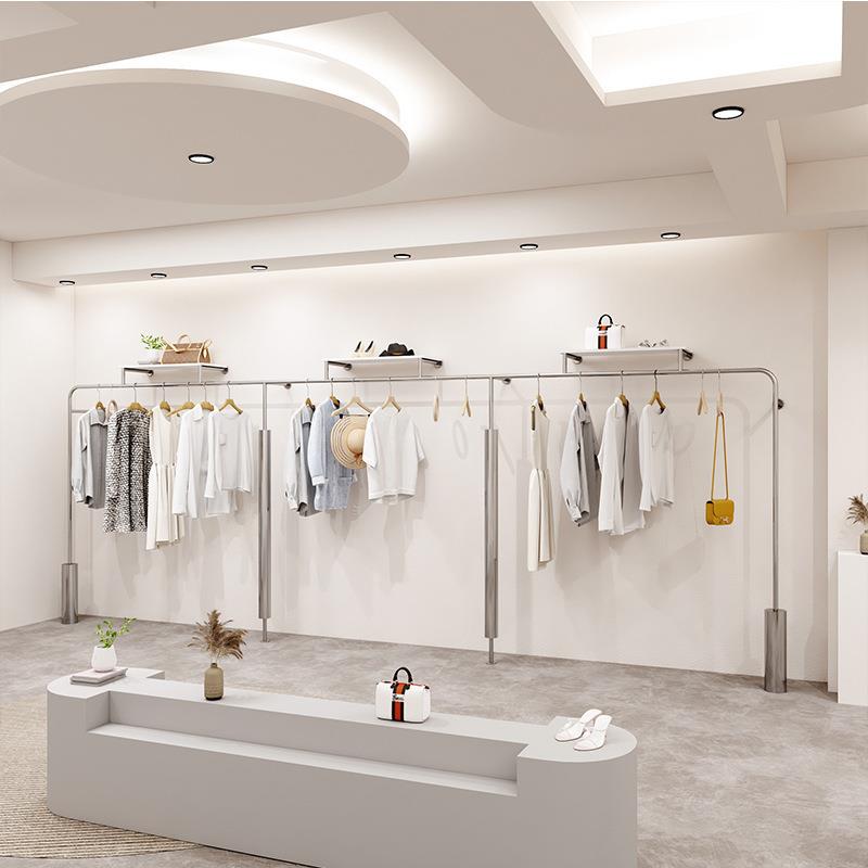 服装店展示架女装货架陈列架男童装不锈钢银色拉丝货架上墙挂衣杆