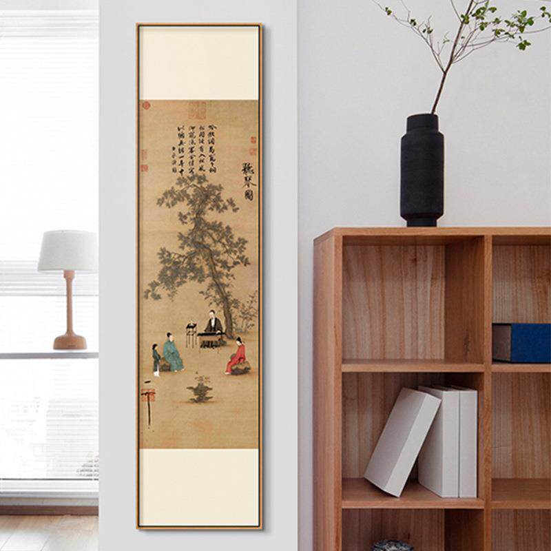 宋徽宗新中式竖版玄关装饰画茶室客厅书房挂画走廊过道壁画听琴图